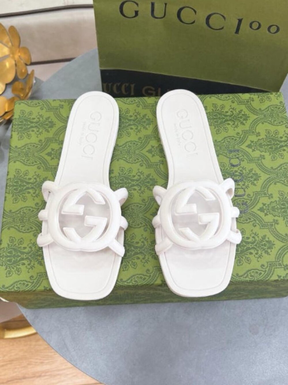 Gucci White Rubber Slide Sandals – With Original Box